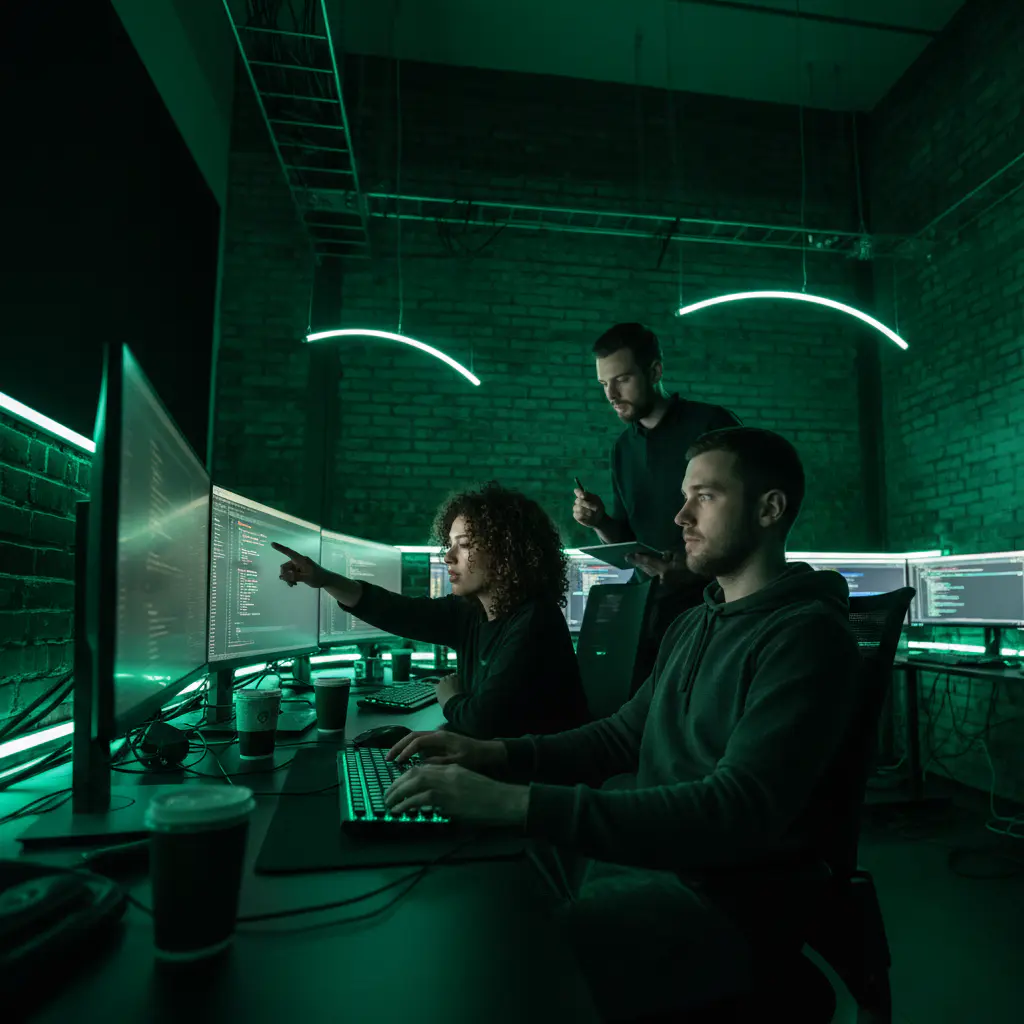 Developers at work in a dark studio